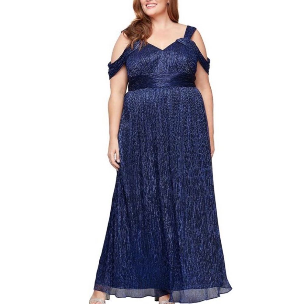Alex Evenings Shimmery Cold-Shoulder Maxi Dress in Navy